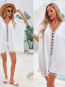 Cache-maillot de Plage Bohème au Crochet pour Femmes Col en V Glands Caftan Ample pour Maillot de Bain Vacances