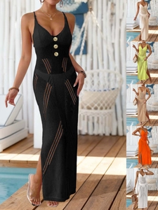 Damen Sexy Gehäkeltes Strandkleid V-Ausschnitt Goldknöpfe Seitenschlitz Cami Maxi Kleid Sommerurlaub Badeanzug Wrap