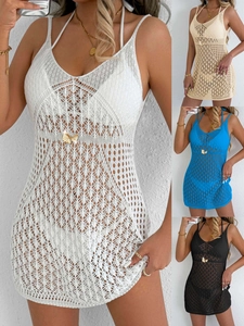 Women Sexy Crochet Hollow Out Beach Cover Up Mini Dress Backless V Neck Sleeveless Summer Vacation Knit Swimwear Sling Dress