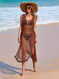 Robe de plage longue au crochet marron avec fente latérale et maille filet géométrique