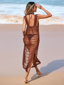 Robe de plage longue en crochet marron avec design en maille ajourée pour femmes