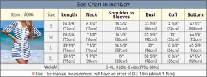 Detailed size guide in inch and cm for striped navy knit dress with polo collar