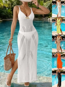 Robe de Plage Sexy au Crochet pour Femmes Ajourée Col en V Robe Longue Avec Boucle Papillon en Métal Fente Latérale Robe de Vacances