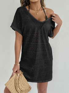 Women's black crochet beach cover up dress with deep V-neck and hollow out geometric patterns