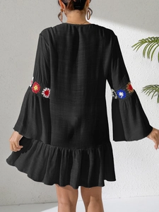 Boho long sleeve dress with colorful floral crochet embroidery and flared sleeves