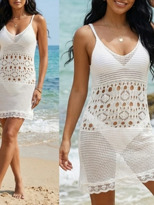 Women Sexy Crochet Beach Cover Up Dress Hollow Out Lace Splicing V Neck Spaghetti Strap White Vacation Mini Sun Dress