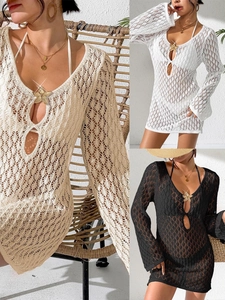 Femme Sexy Crochet Ajouré Robe de Plage Manches Longues Col en V Cache-maillot Avec Pendentif Étoile de Mer Or Vacances