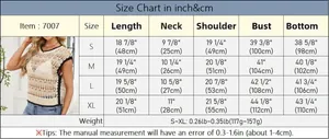 Detailed size chart for hollow knit vest including length, bust, and shoulder measurements