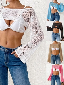Heart Jacquard Hollow Knit Shrug For Women Sexy Long Sleeve Beach Bikini Cover Up Crochet Super Crop Top Bolero Summer Outerwear