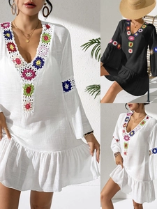 Women Bohemian V Neck Beach Dress Crochet Flower Patchwork Bell Sleeve Ruffle Hem Summer Vacation Cover Up Dress