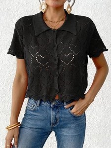 Women's black short sleeve knit cardigan with heart hollow-out pattern and scalloped hem