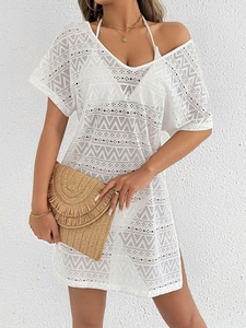 White crochet beach cover-up dress with sexy deep V-neck and geometric hollow design