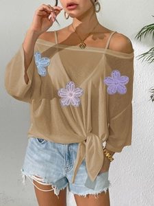 Sheer off-shoulder khaki blouse with floral appliques and front tie knot styling