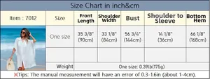 Size chart for loose white beach cover-up polo shirt showing inch and cm measurements