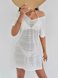 White crochet beach cover-up with V-neck, lace hollow patterns and side slits