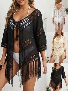Cache-maillot de Plage au Crochet Bohème pour Femmes Col en V Cardigan Ajouré avec Franges à Glands Maillot de Bain d'Été Couleur Unie