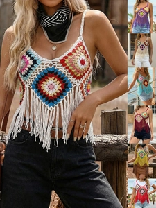 Boho Häkel Quasten Cami Top Damen Buntes Granny Square Durchbruch V-Ausschnitt Strand Urlaub Ärmelloses Tank Top