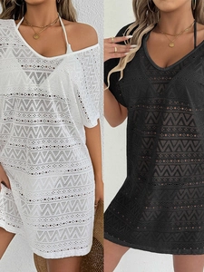 Women Sexy Deep V Neck Crochet Lace Beach Cover Up Hollow Out Geometric Side Slit Short Sleeve Vacation Mini Dress
