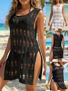 Women Casual Acrylic Knit Beach Cover Up Dress Hollow Out Sleeveless Round Neck Side Slit Swimsuit Bikini Coverups