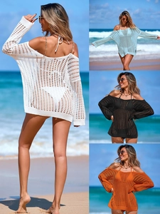 Damen Sexy Häkeln Ausschnitt Strand-Cover-Up V-Ausschnitt Sommer Strick Bikini Badeanzug Wickelkleid Locker Langarm Sonnenschutz