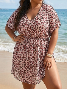 Plus Size Women Leopard Print Mesh Beach Cover Up Sexy Deep V Neck Short Sleeve Summer Vacation Split Swimsuit Dress