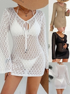 Sexy Cache-Maillot de Plage au Crochet pour Femme Robe Évidée Col en V Lien à l'Avant Manches Longues Mini Bikini Coverup