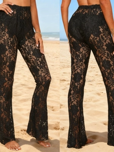 Pantaloni a Zampa Donna Sexy in Pizzo Nero Trasparenti Vita Alta Floreale Copricostume da Spiaggia Vacanza Pantaloni Lunghi