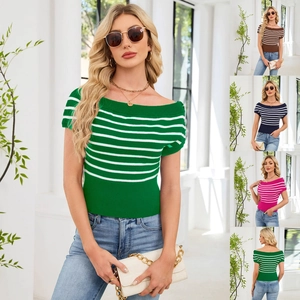 Close-up of off-shoulder striped knit top with decorative buttons on side sleeves