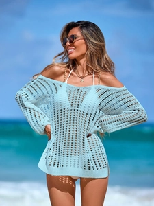 Hellblaues Häkel-Strandkleid mit V-Ausschnitt und hohlem Strickdesign für den Sommer