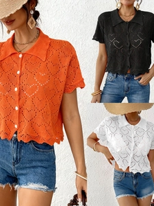 Women Casual Heart Hollow Out Knit Cardigan Short Sleeve Polo Neck Button Up Beach Cover Up Vacation Crochet Top