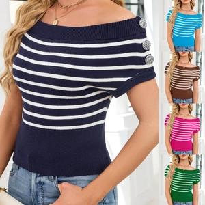 Detail of off-shoulder striped knit top showing button decor and ribbed texture
