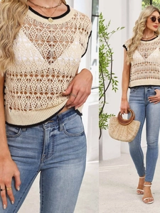 Women's Crochet Hollow Out Knit Vest Contrast Trim Round Neck Sleeveless Summer Vacation Beach Knitwear Top