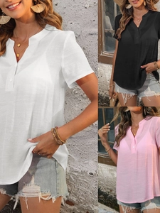 Chemise Femme Décontractée Col en V Manches Courtes Boutonnée Couleur Unie Sexy Transparent Cache-Maillot Blouse T-Shirt Top Été