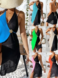 Women Halter Neck Knit Beach Cover Up Dress With Metal Flower Buckle Contrast Color Backless Vacation Resort Style Dress
