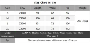 Detailed size chart for striped beach trousers showing length, waist, and hip measurements