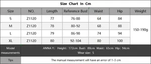 Detailed size chart in cm for backless bodycon dress featuring S to XL measurements