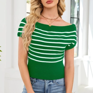 Detailed view of the green and white striped off-shoulder knit top with ribbed edges