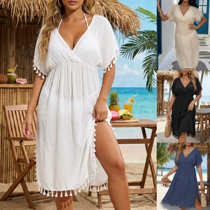 Detail of V-neck beach cover-up dress featuring waist tie and fringe hem in various colors