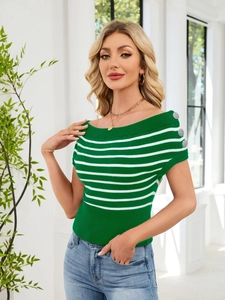 Close-up of silver decorative buttons on striped off-shoulder knitted short sleeve top