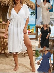 Women V Neck Beach Cover Up Dress With Tassel Hem High Waist Solid Color Short Sleeve Summer Vacation Swimwear
