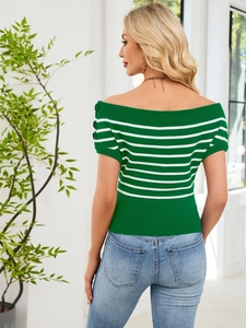 Back view of a striped off-shoulder knit top with decorative black shoulder buttons