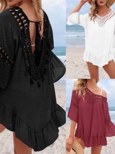 Femmes Cache-Maillot de Plage Crochet Ajouré Col V Volants Manches Évasées Dos Nu Glands Bohème Robe de Vacances Mini