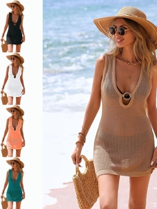 Women Deep V Neck Crochet Beach Cover Up Mini Dress Sleeveless Knitted Hollow Out Vacation Summer Resort Wear Sexy Smock