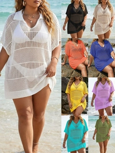 Copricostume da Spiaggia Sexy All'uncinetto da Donna Scollo a V Manica Corta Top Bikini in Rete Larga per Vacanze