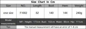 Detailed size chart for oversized contrast knit beach dress with model measurements