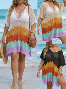 Women Plus Size Crochet Knit Beach Cover Up Dress Bohemian Hollow Out V Neck Wave Pattern Sexy Swimsuit Coverup Dress