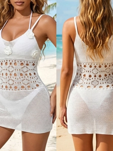 Robe Cache-maillot de Plage Sexy au Crochet pour Femmes Avec Décoration Florale 3D Blanc Sans Manches Mini Robe pour Vacances