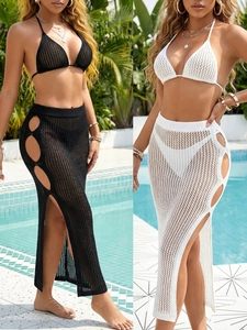 Haut de Bikini au Crochet Dos Nu et Jupe Longue Ajourée à Fente Latérale Tenue de Plage Bohème Sexy en Tricot