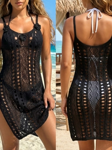 Women Sexy Black Crochet Hollow Out Beach Cover Up Dress With 3D Floral Straps Side Slit Sleeveless Vacation Swimwear