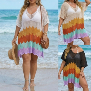 Detail view of colorful chevron patterns on hollow knit crochet beach cover-up dresses